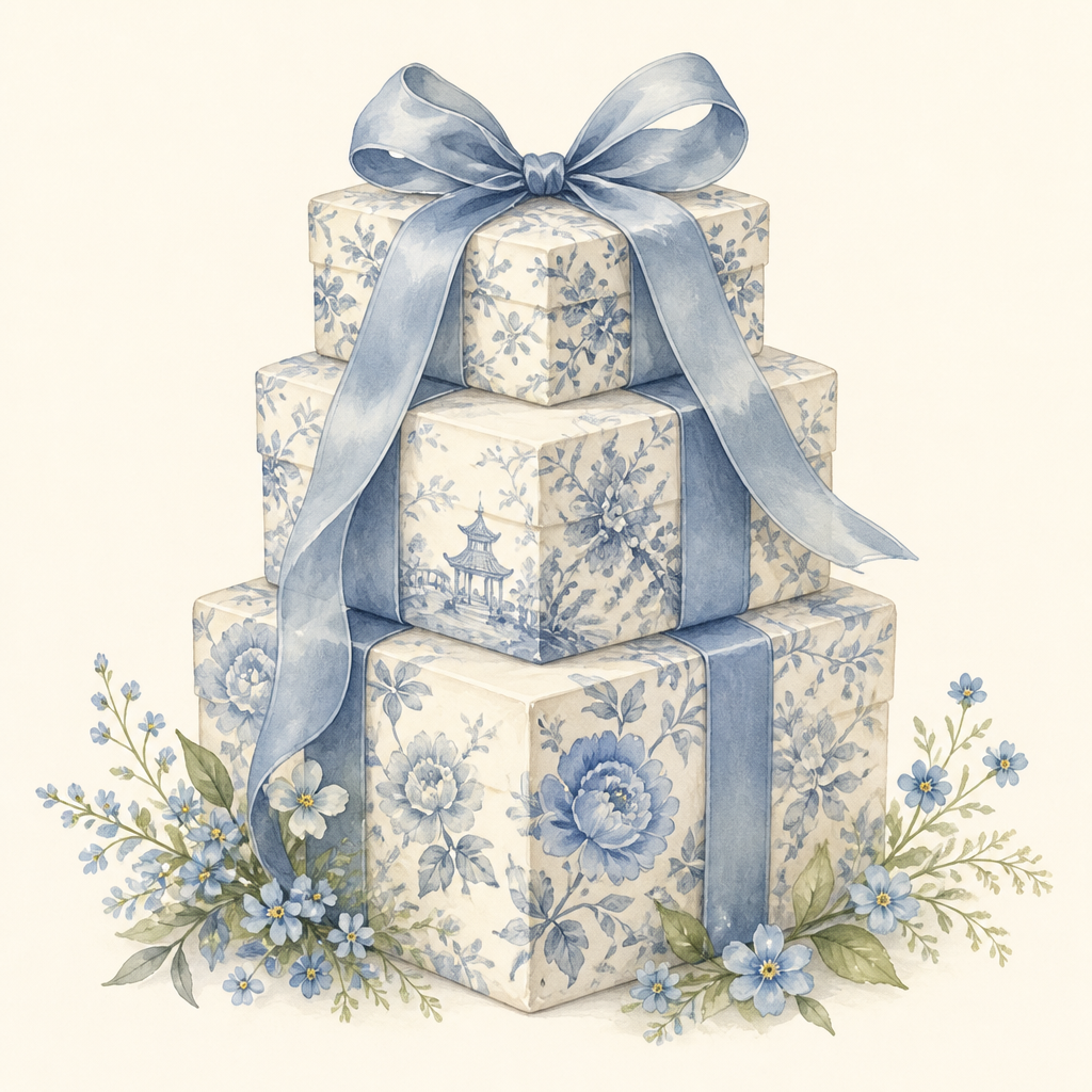 Illustrated stack of floral wedding gift boxes with blue ribbon
